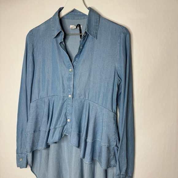 Zara Blue Chambray Asymmetric Hi-low Button Front Peplum Long Sleeve Top - Picture 3 of 4